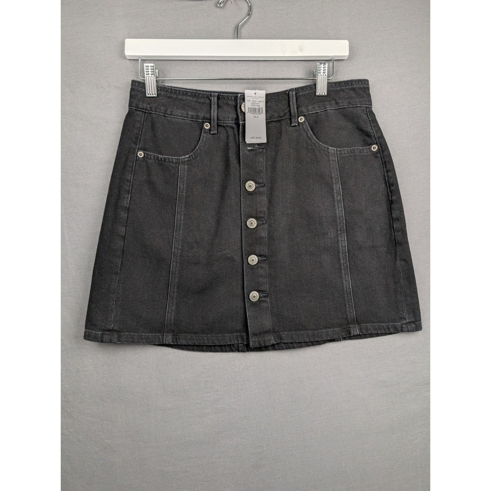 American Eagle Black Denim Button Front Mini Skirt Size 6